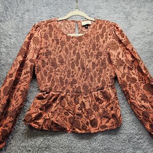Universal Thread Womens Orange Blouse Medium Floral Boho Puff Sleeve Smocked